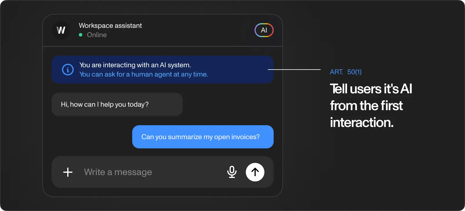 Example of a chatbot interface notice telling the user they are talking to an AI system